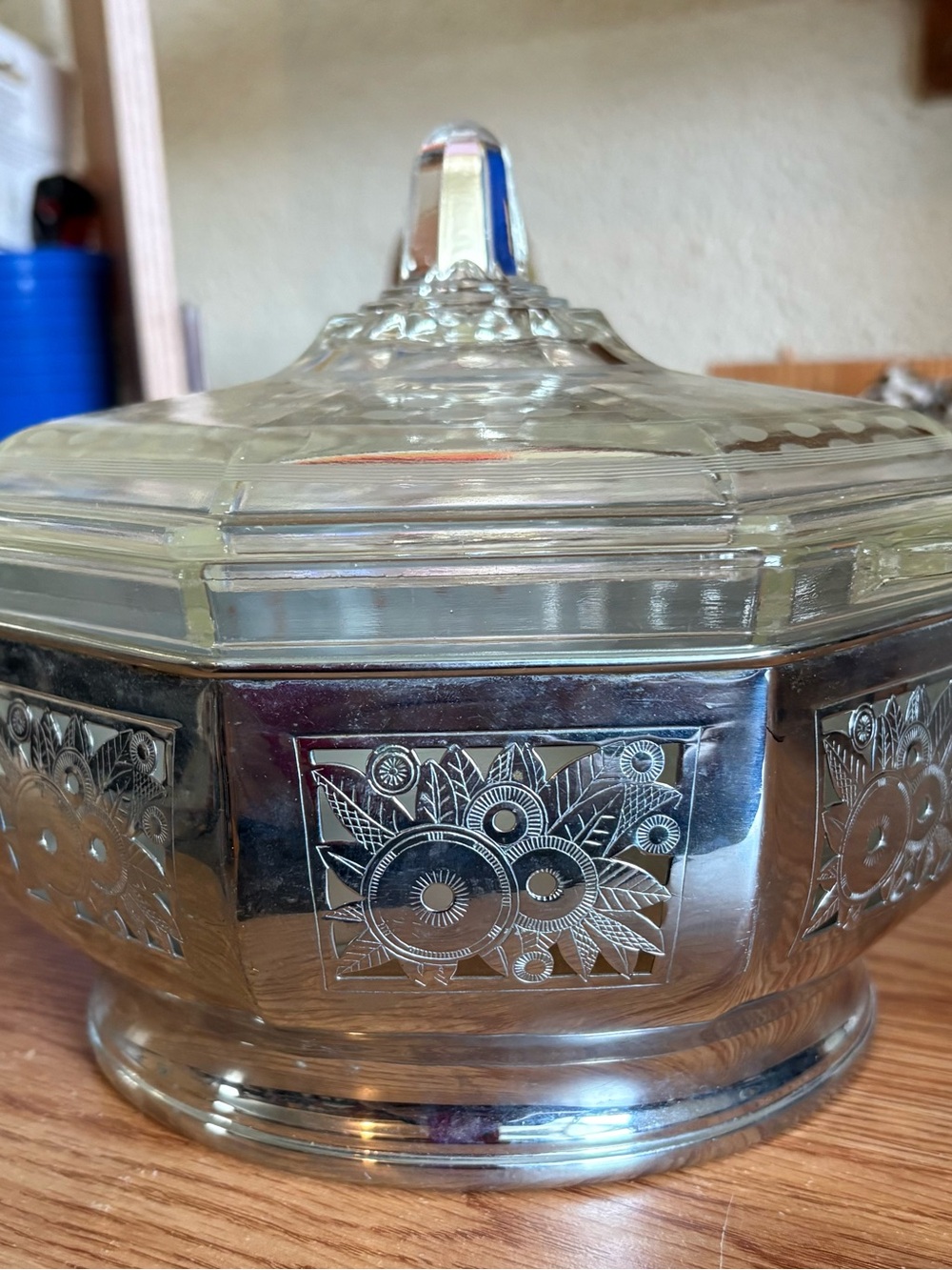 Vintage Glass Covered Dish with Silver Carrier